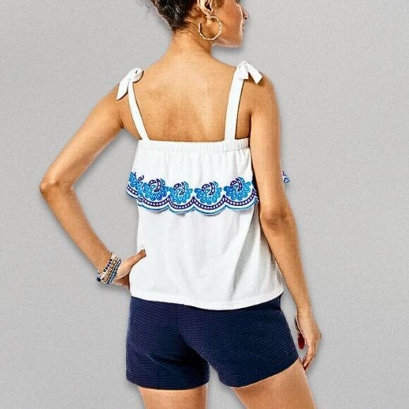 Lilly Pulitzer Swing Tank Top Tie-Strap Embroidered‎ Scalloped White/Blue  XS - Picture 3 of 10